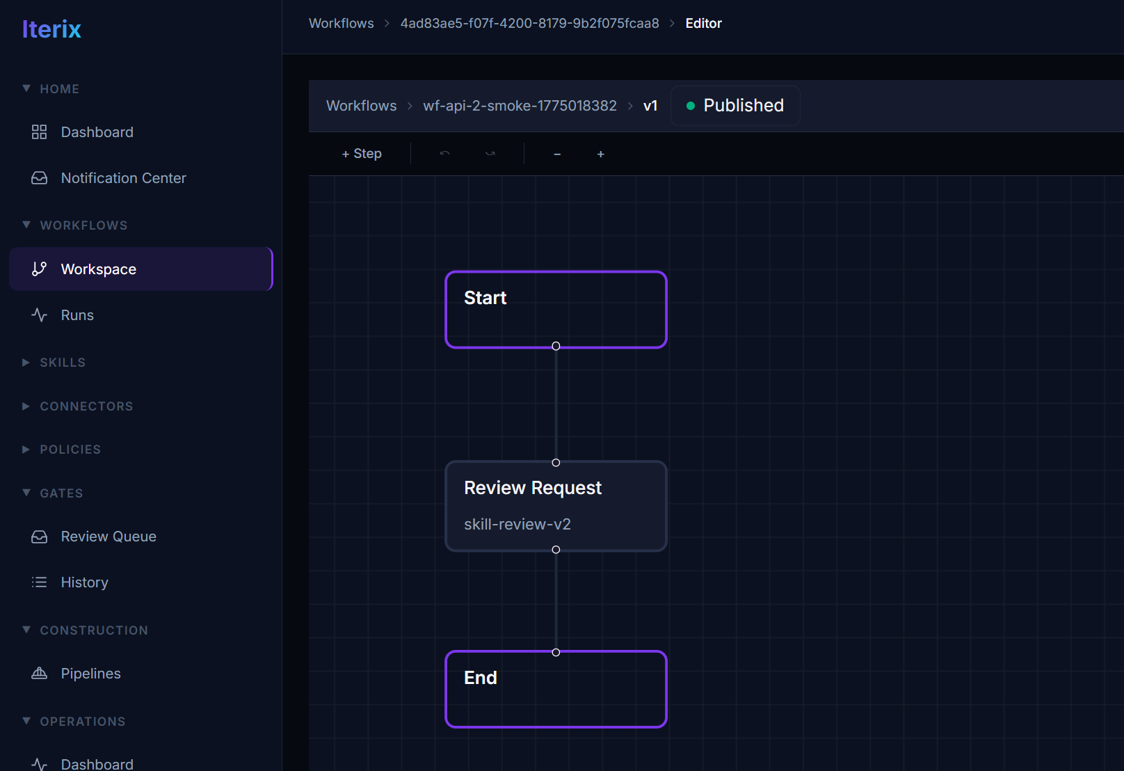 Iterix workflow editor — configure skills, policies, and human gates